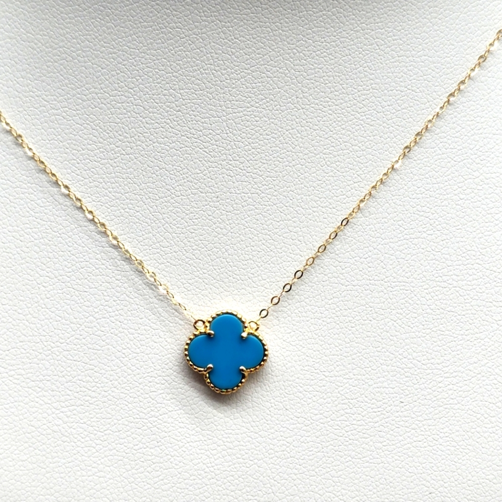 18K Yellow Gold Blue Turquoise Clover Necklace Lightweight Centered Attached NEW